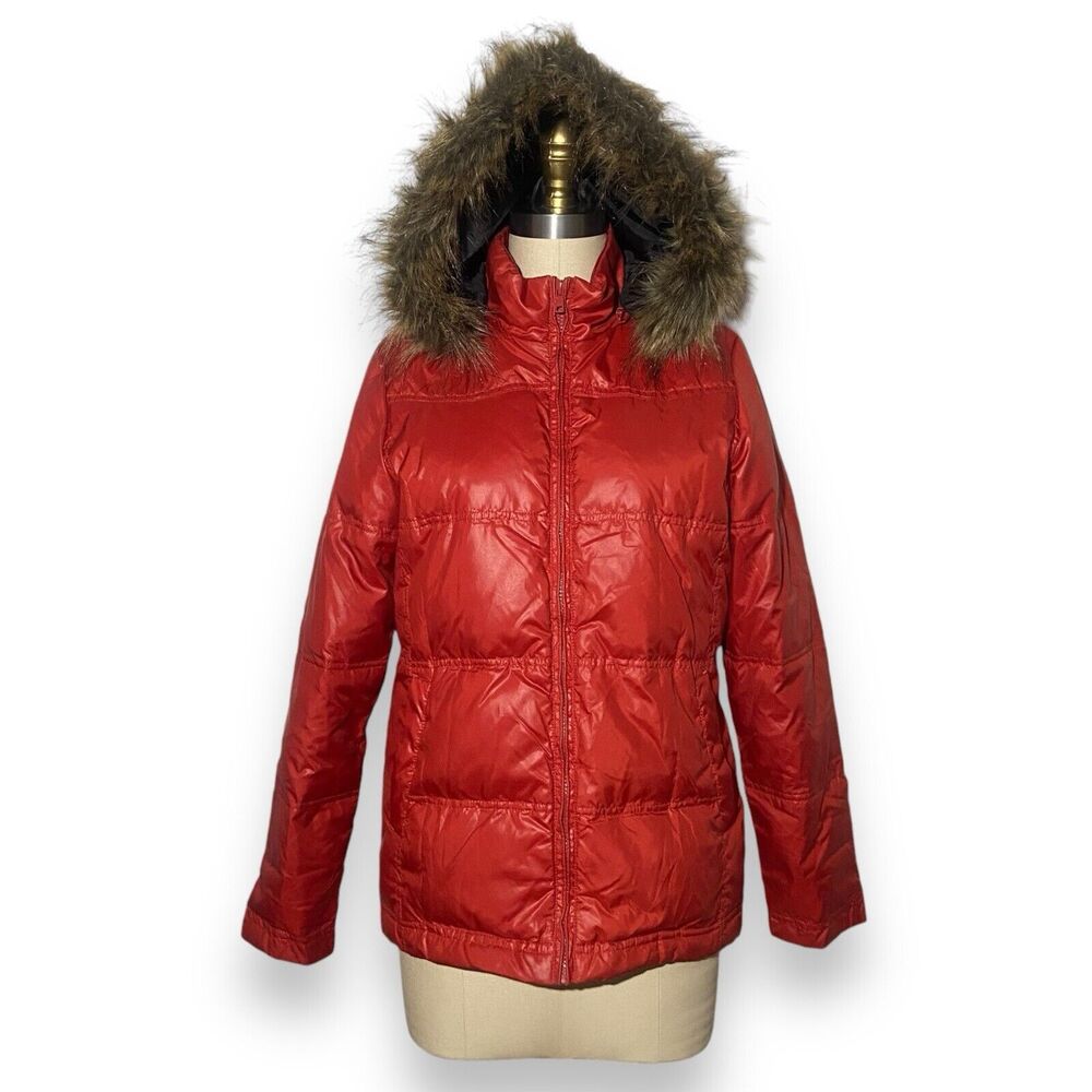 Coldwear Women’s Down Feather Red Removable Fur Hood Puffer Jacket Coat Size L